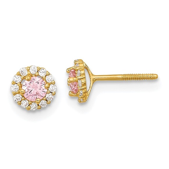 14k Yellow GoldChildrens Polished Pink and Clear CZ Screwback Post Earrings